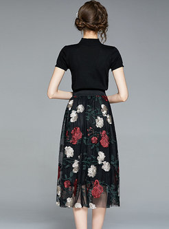 Black Mock Neck Knit Top & Mesh Embroidered Skirt