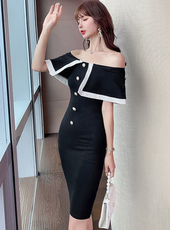 Off-the-shoulder Color-blocked Bodycon Cocktail Dress