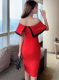 Off-the-shoulder Color-blocked Bodycon Cocktail Dress