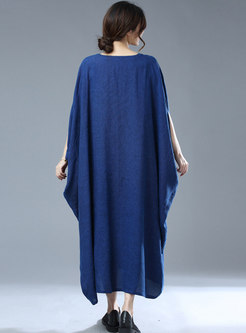 Blue Plus Size Batwing Sleeve Shift Linen Dress