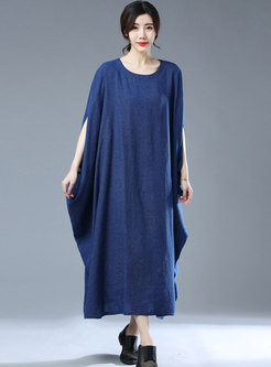 Blue Plus Size Batwing Sleeve Shift Linen Dress