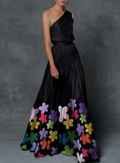 Black One Shoulder High Waisted Print Maxi Dress