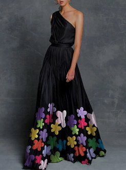 Black One Shoulder High Waisted Print Maxi Dress
