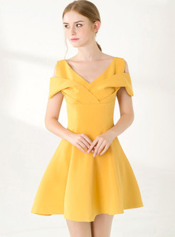 Yellow V-neck Cold Shoulder Mini Skater Dress