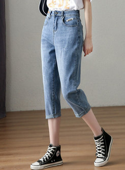High Waisted Stretchy Calf-length Jeans