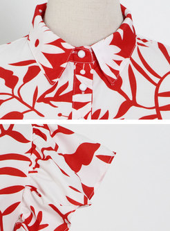 Ruffle Sleeve Print Openwork Big Hem Maxi Dress