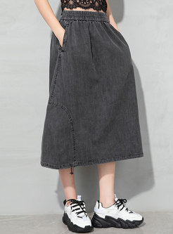 Casual High Waisted A Line Denim Midi Skirt