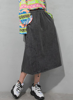 Casual High Waisted A Line Denim Midi Skirt