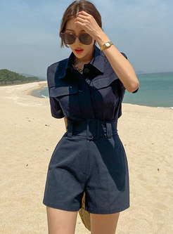Casual Turn-down Collar High Waisted Shorts Suits