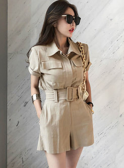 Casual Turn-down Collar High Waisted Shorts Suits