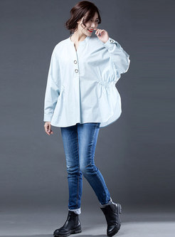 Solid V-neck Batwing Sleeve Plus Size Blouse