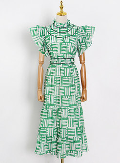 Green Mock Neck Ruffle Sleeve A Line Maxi Dress