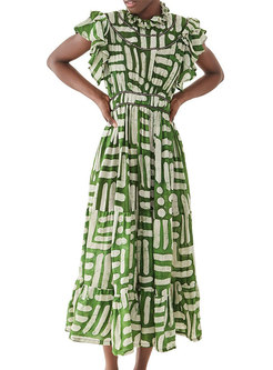 Green Mock Neck Ruffle Sleeve A Line Maxi Dress