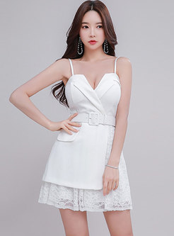 Sexy White V-neck Lace Patchwork Mini Slip Dress