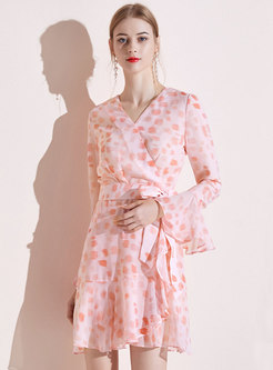 Pink Print Flare Sleeve Chiffon Skater Dress
