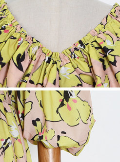 V-neck Ruffle Puff Sleeve Print A Line Mini Dress