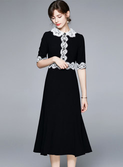 Black Half Sleeve Lace Patchwork Midi Skater Dress