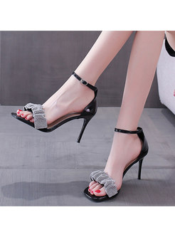Sequin Square Toe Ankle Strap Heeled Sandals
