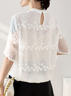 Crew Neck Embroidered Silk Pullover Blouse