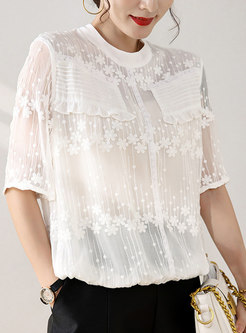 Crew Neck Embroidered Silk Pullover Blouse