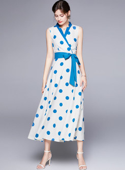 V-neck Polka Dot Color-blocked A Line Maxi Dress