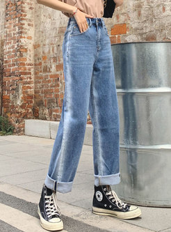 Blue Casual High Waisted Straight Jeans