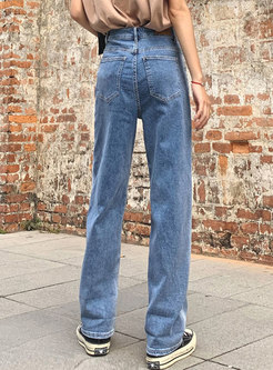 Blue Casual High Waisted Straight Jeans