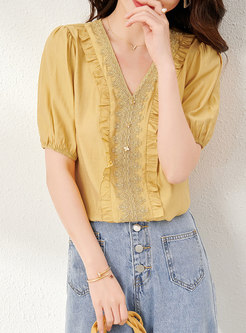 Lettuce Patchwork Lace Pullover Loose Blouse