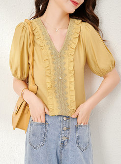 Lettuce Patchwork Lace Pullover Loose Blouse