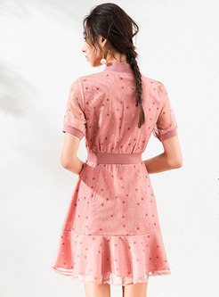 Cute V-neck Zipped Print Skater Dress