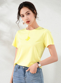 Crew Neck Cute Embroidered T-shirt