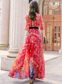 Red Half Sleeve Print Chiffon Maxi Dress