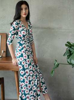 Flower Print Half Sleeve Sheath Maxi Dress