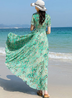 Green Floral Chiffon Big Hem Beach Maxi Dress