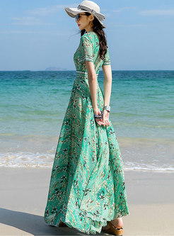 Green Floral Chiffon Big Hem Beach Maxi Dress