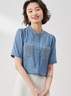 Blue Lace Patchwork Pocket Shirt