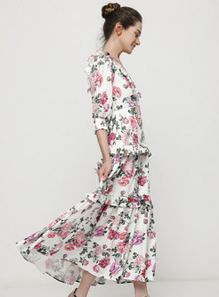 V-neck Half Sleeve Print Maxi Dress