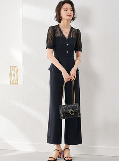 Black V-neck Lace Openwork Wide Leg Pant Suits