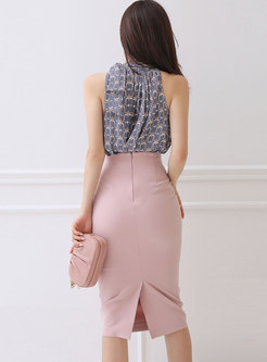 Halter Print Sleeveless Blouse & Bodycon Split Skirt