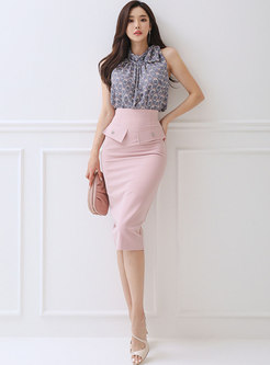 Halter Print Sleeveless Blouse & Bodycon Split Skirt