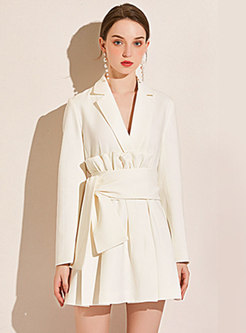 White Long Sleeve Wrap Mini Blazer Dress