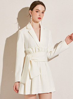 White Long Sleeve Wrap Mini Blazer Dress