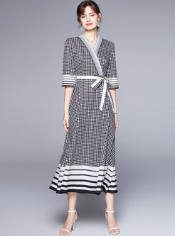 V-neck Half Sleeve Plaid A Line Maxi Dress
