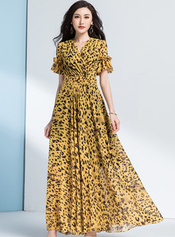 Boho Yellow Leopard Print Chiffon Beach Maxi Dress