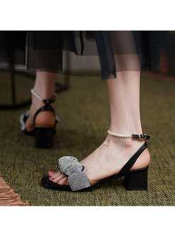 Square Toe Rhinestone Pearl Ankle Strap Sandals