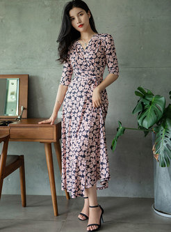 Pink V-neck 3/4 Sleeve Print Wrap A Line Maxi Dress