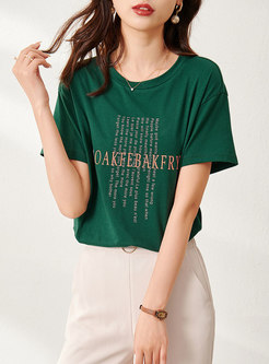 Green Letter Print Pullover Casual T-shirt