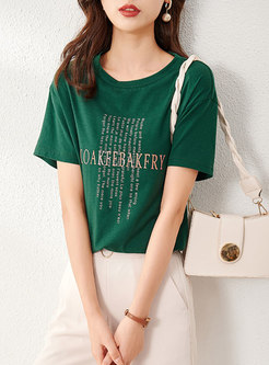 Green Letter Print Pullover Casual T-shirt