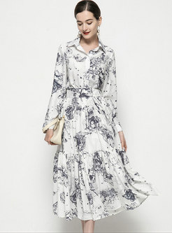 Brief Casual Long Sleeve Ink Print A Line Maxi Dress
