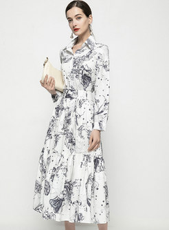 Brief Casual Long Sleeve Ink Print A Line Maxi Dress